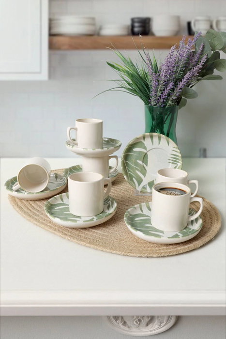 Hermia Juego de Tazas de Café Blanco y Verde de 12 Piezas
